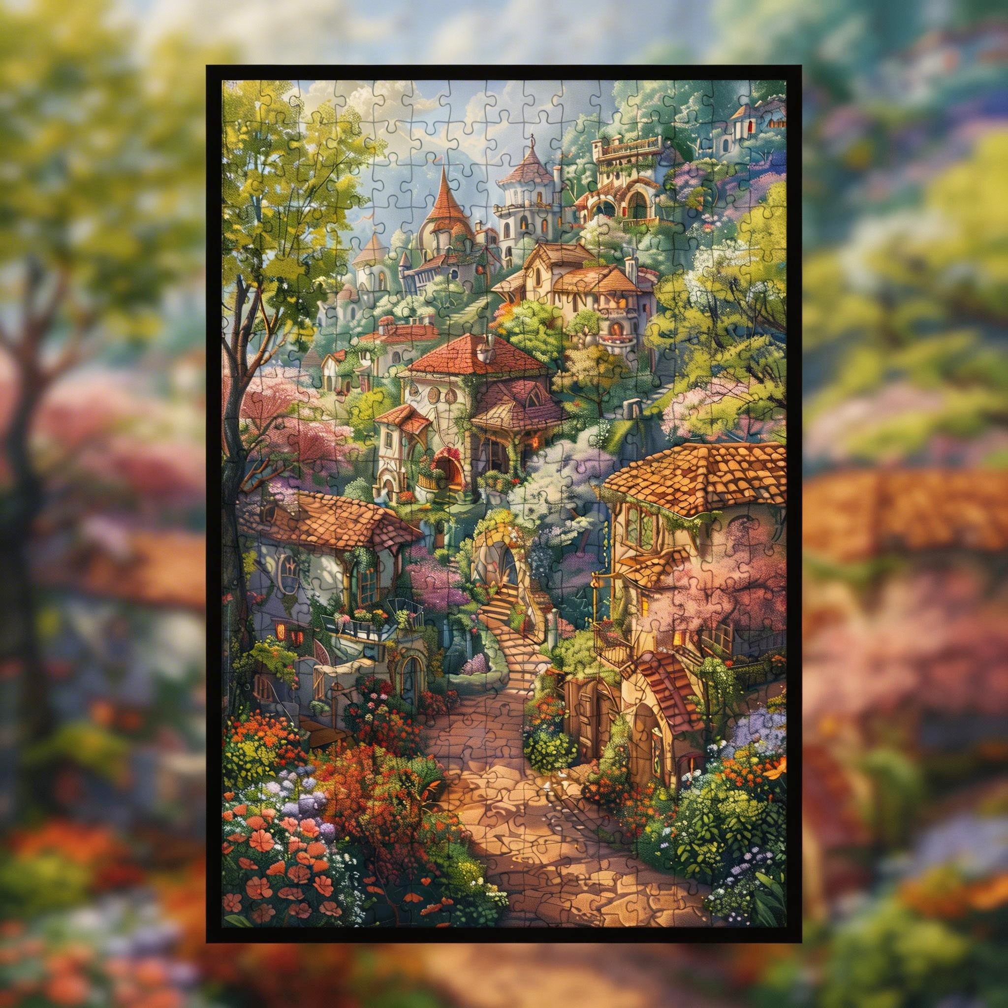 Vintage Storybook Hill Town Wooden Jigsaw Puzzle, Framed Castle Cottage Wall Art