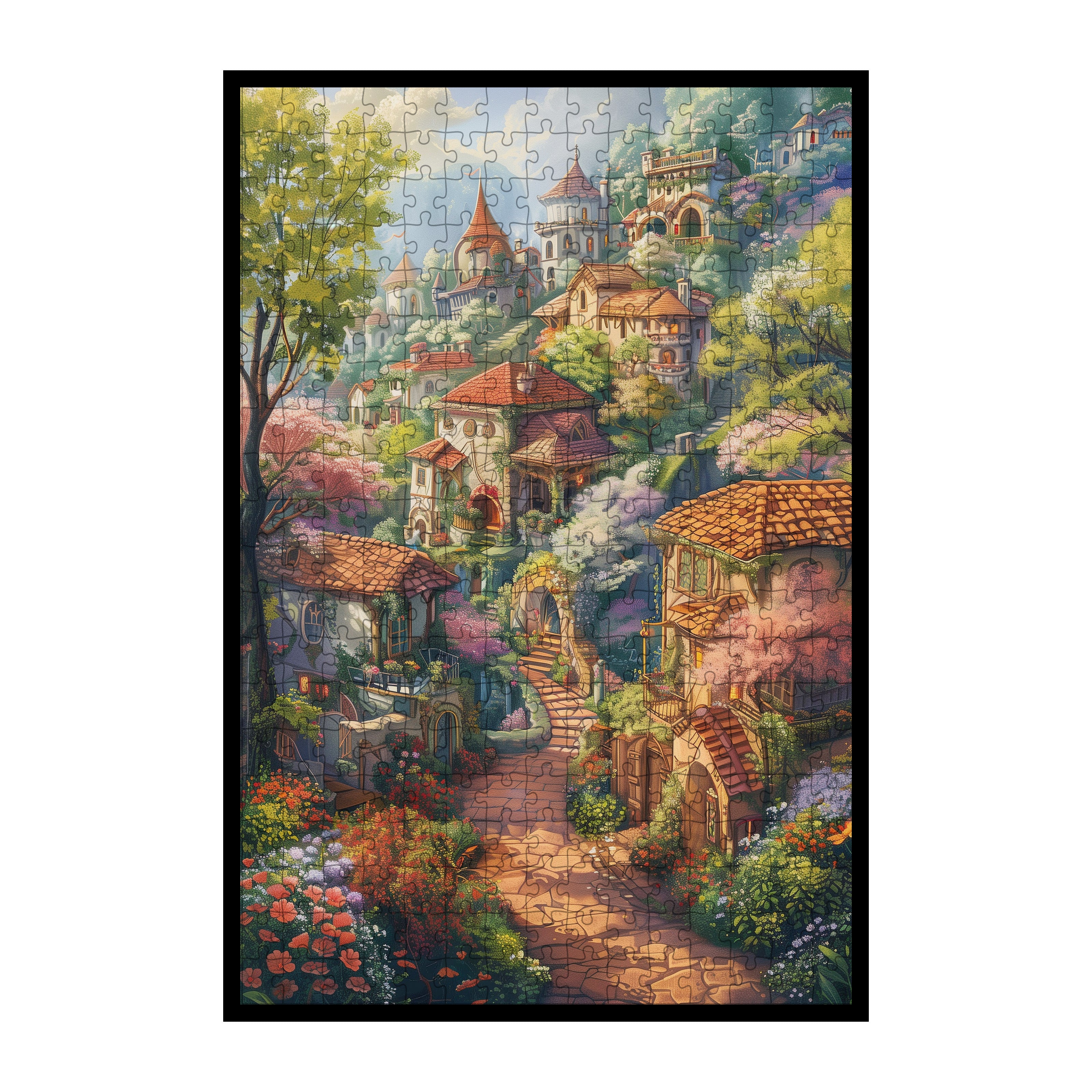 Vintage Storybook Hill Town Wooden Jigsaw Puzzle, Framed Castle Cottage Wall Art