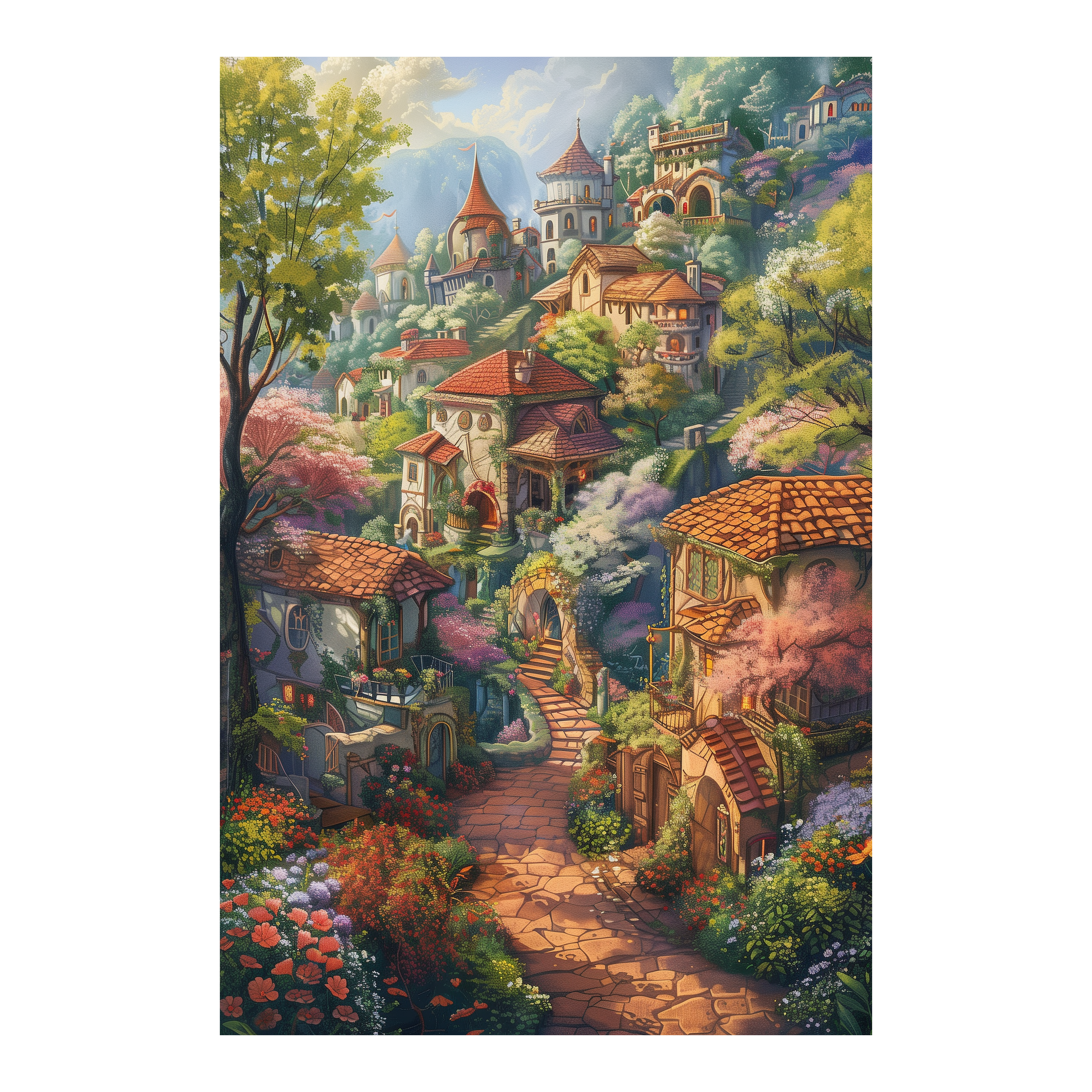 Vintage Storybook Hill Town Wooden Jigsaw Puzzle, Framed Castle Cottage Wall Art