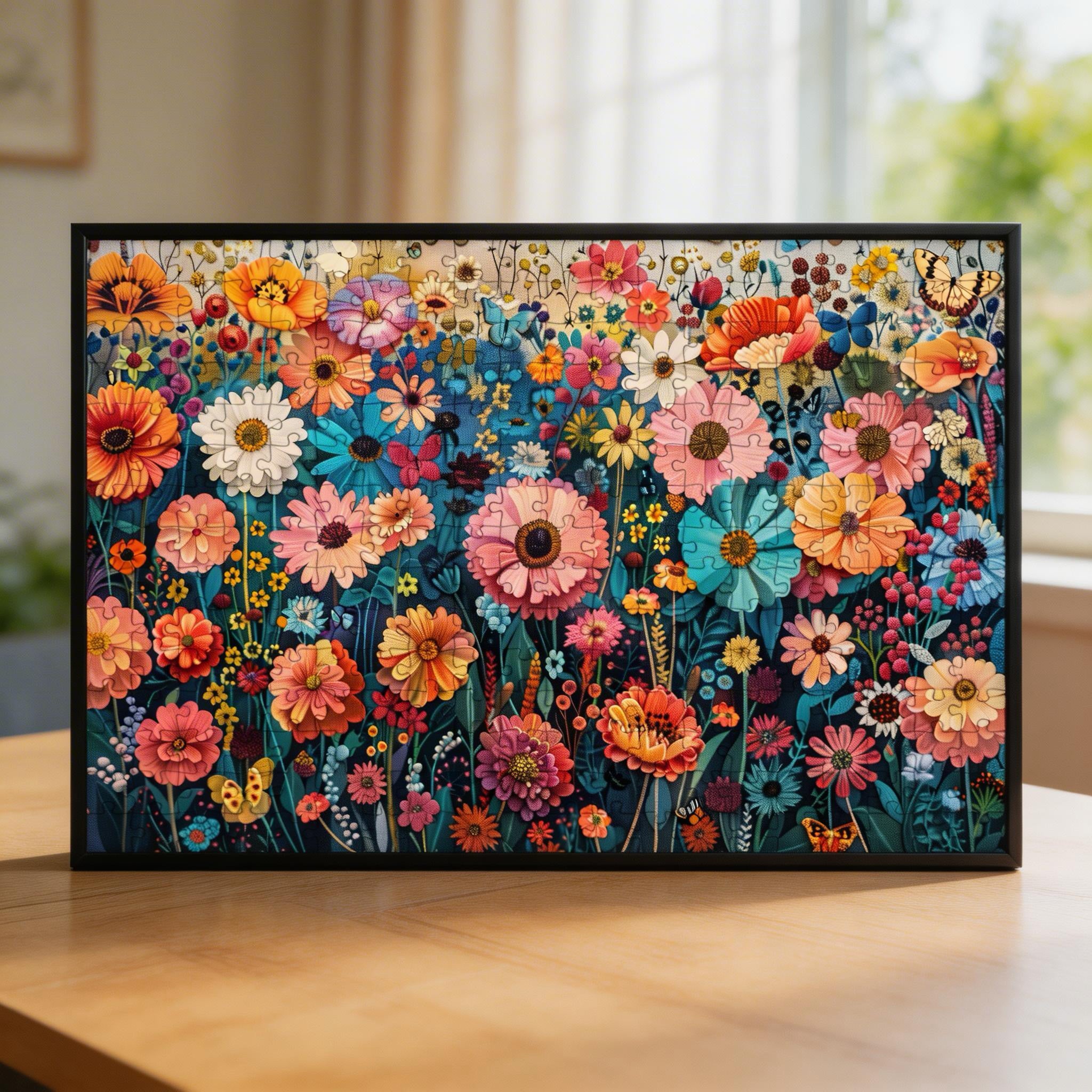 Vintage Wildflower Meadow Wooden Jigsaw Puzzle - Colorful Floral Wood Puzzle for Adults & Kids