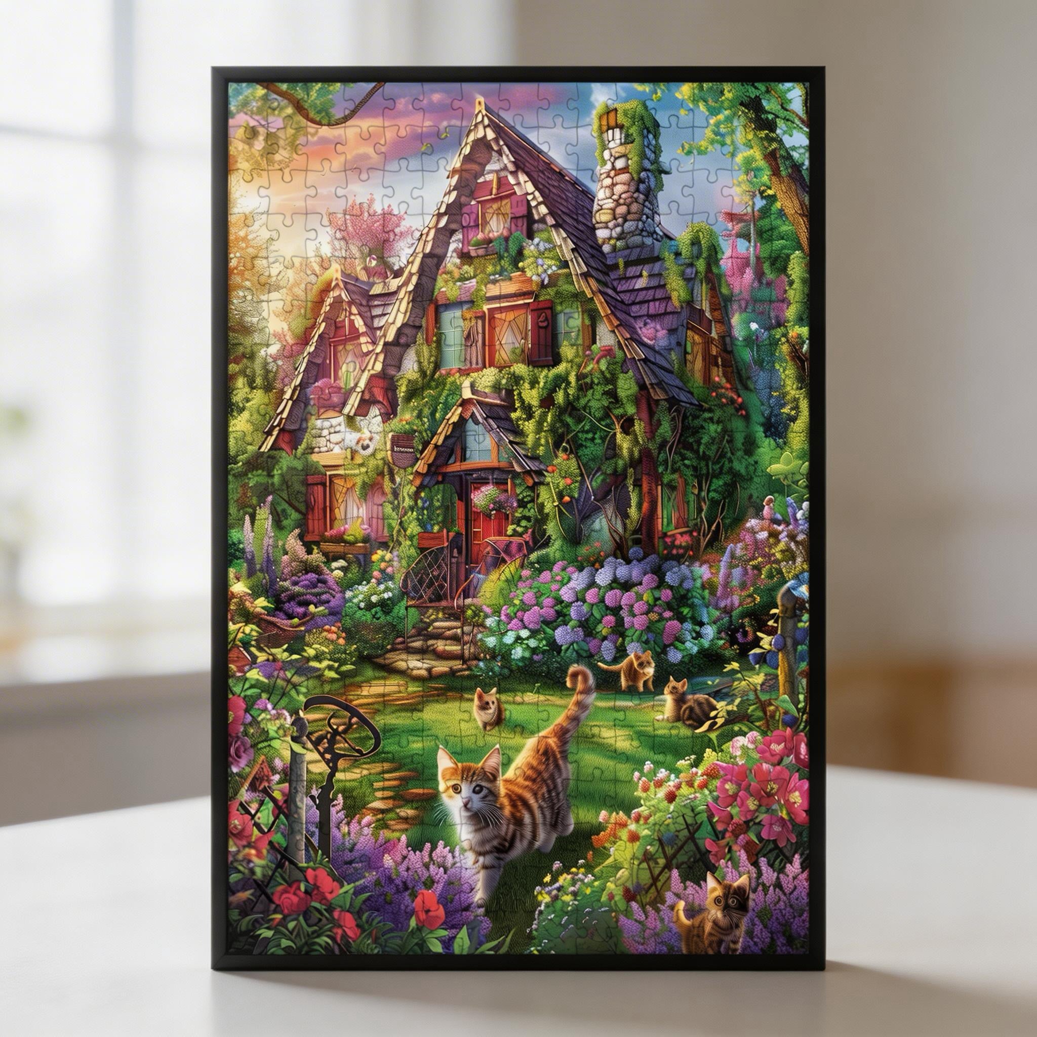 Whimsical Cat Cottage Garden Wooden Puzzle - Framed Fairy Tale Wall Art