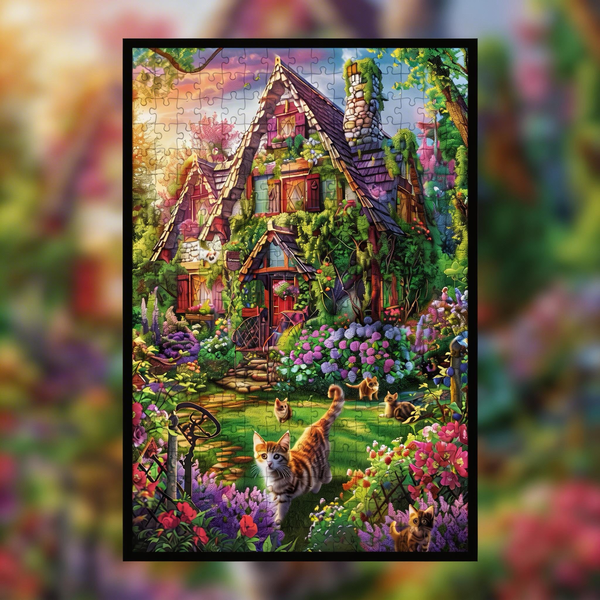 Whimsical Cat Cottage Garden Wooden Jigsaw Puzzle Framed, Fairy Tale Home Wall Decor