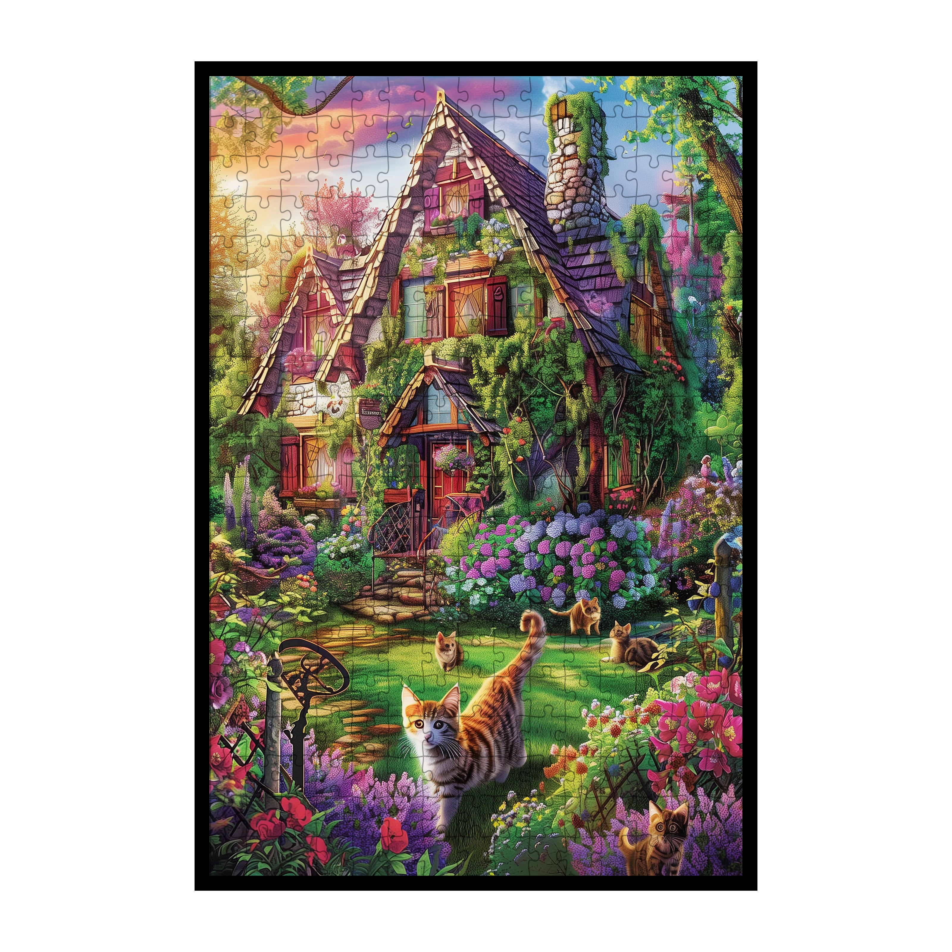Whimsical Cat Cottage Garden Wooden Jigsaw Puzzle Framed, Fairy Tale Home Wall Decor