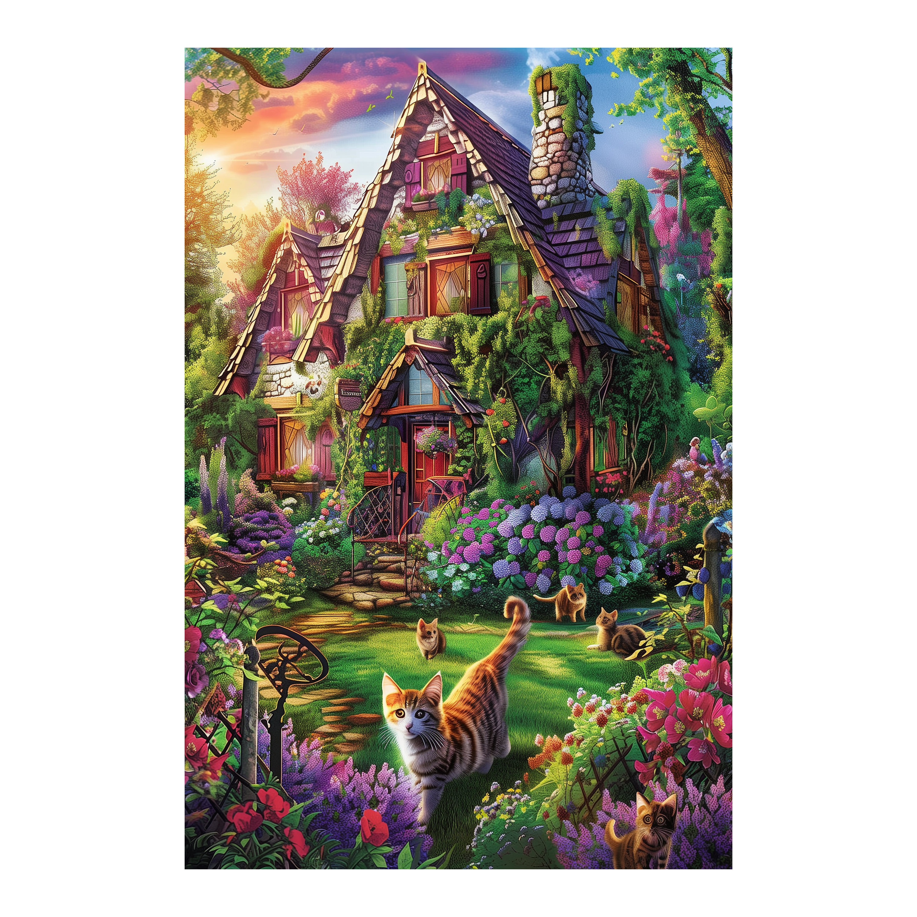Whimsical Cat Cottage Garden Wooden Jigsaw Puzzle Framed, Fairy Tale Home Wall Decor