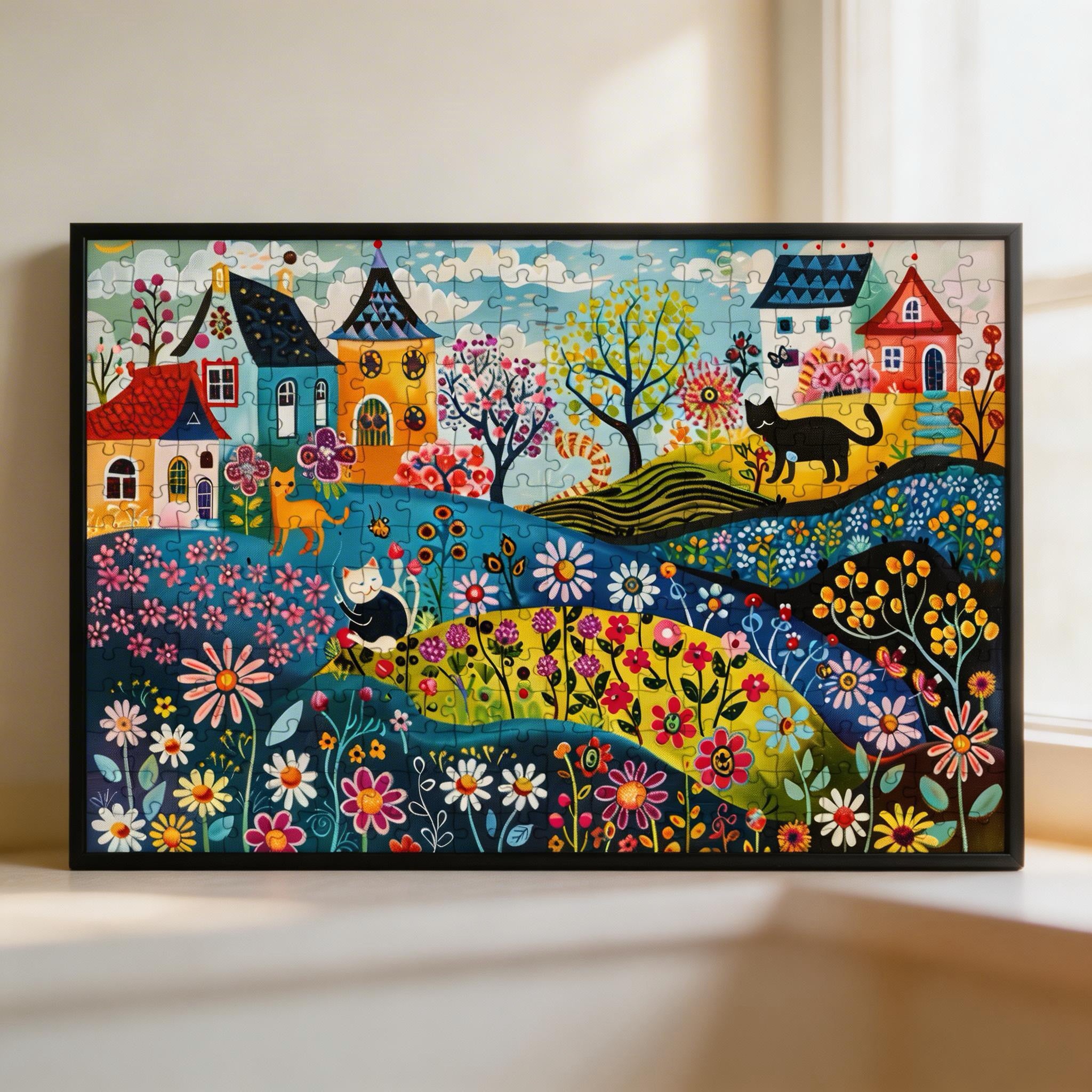 Garden Village Folk Art Wooden Puzzle - Framed Whimsical Town Decor
