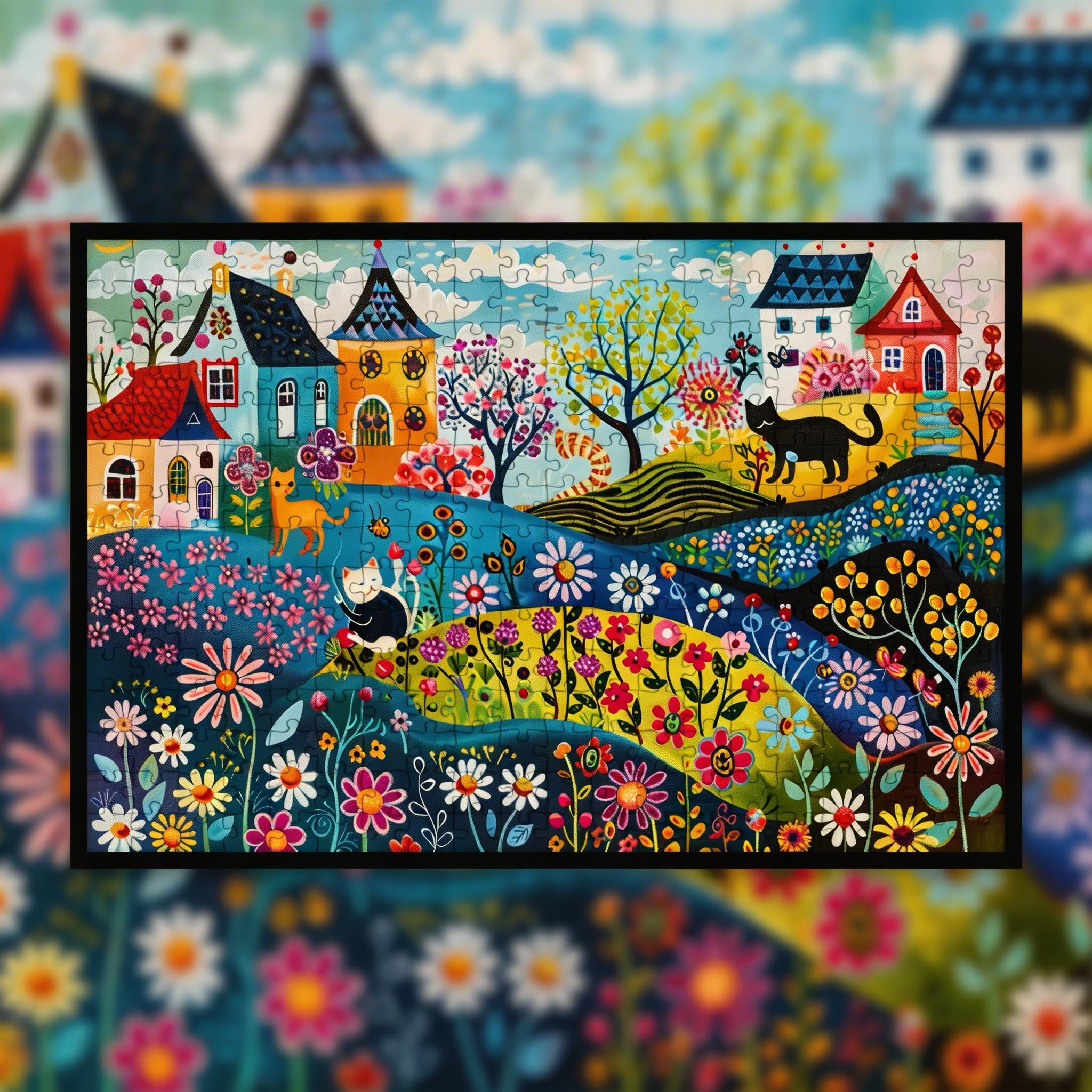 Whimsical Cat Garden Village Wooden Jigsaw Puzzle Framed, Folk Art Town Wall Decor