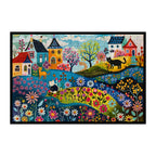 Whimsical Cat Garden Village Wooden Jigsaw Puzzle Framed, Folk Art Town Wall Decor