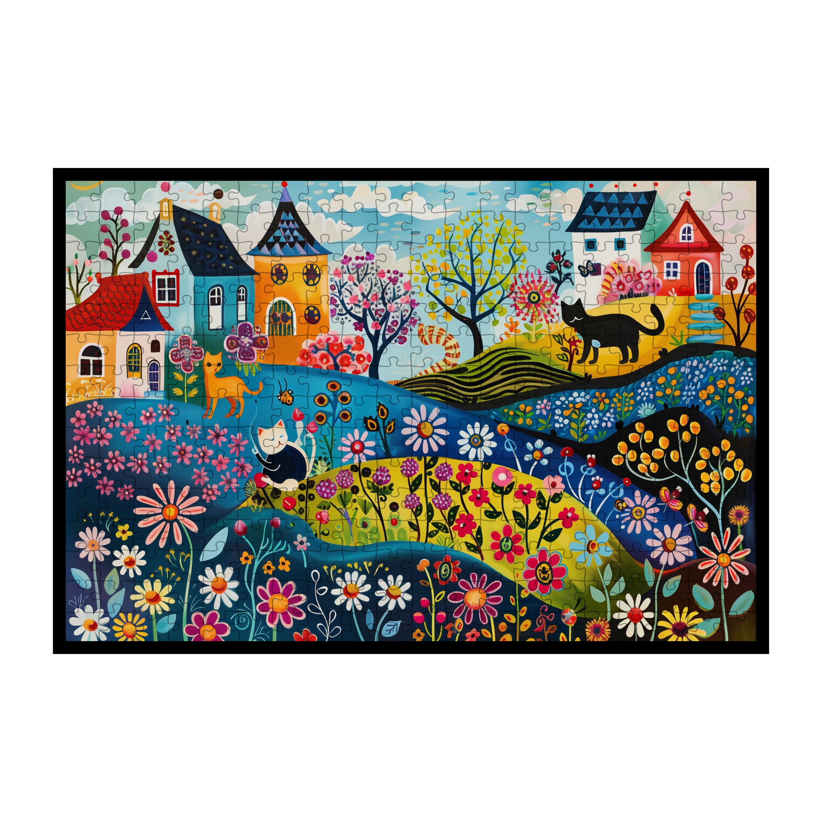 Whimsical Cat Garden Village Wooden Jigsaw Puzzle Framed, Folk Art Town Wall Decor