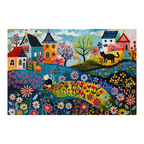 Whimsical Cat Garden Village Wooden Jigsaw Puzzle Framed, Folk Art Town Wall Decor