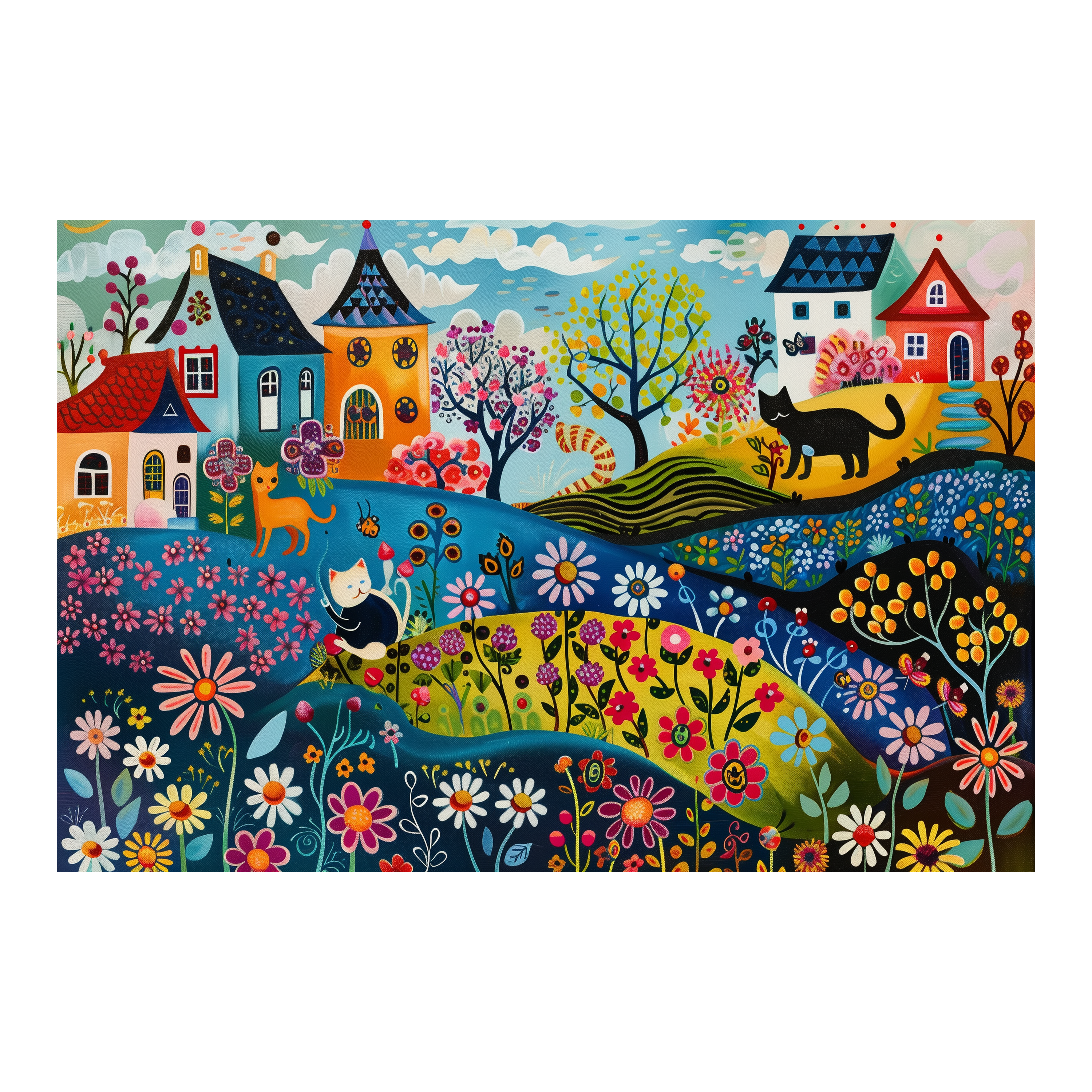 Whimsical Cat Garden Village Wooden Jigsaw Puzzle Framed, Folk Art Town Wall Decor