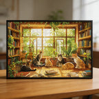 Cozy Cat Library Wooden Jigsaw Puzzle - Framed Book Lover Wall Art