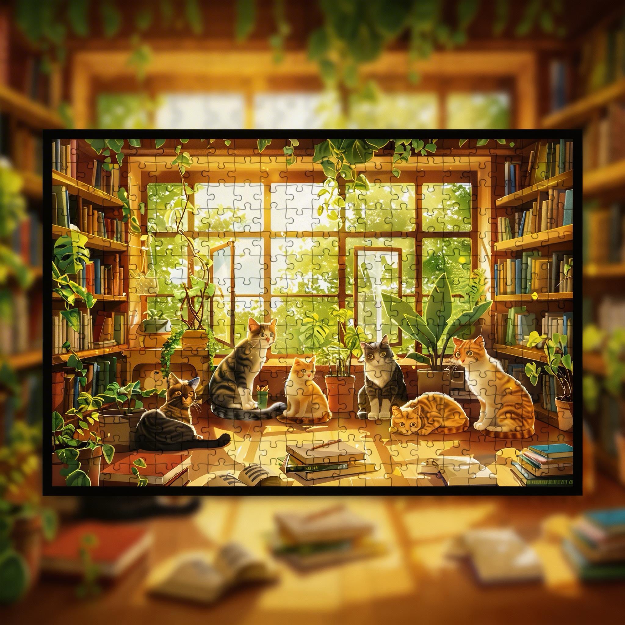 Whimsical Cat Library Wooden Jigsaw Puzzle Framed, Plant-Filled Nook Wall Art