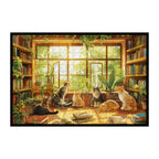 Whimsical Cat Library Wooden Jigsaw Puzzle Framed, Plant-Filled Nook Wall Art