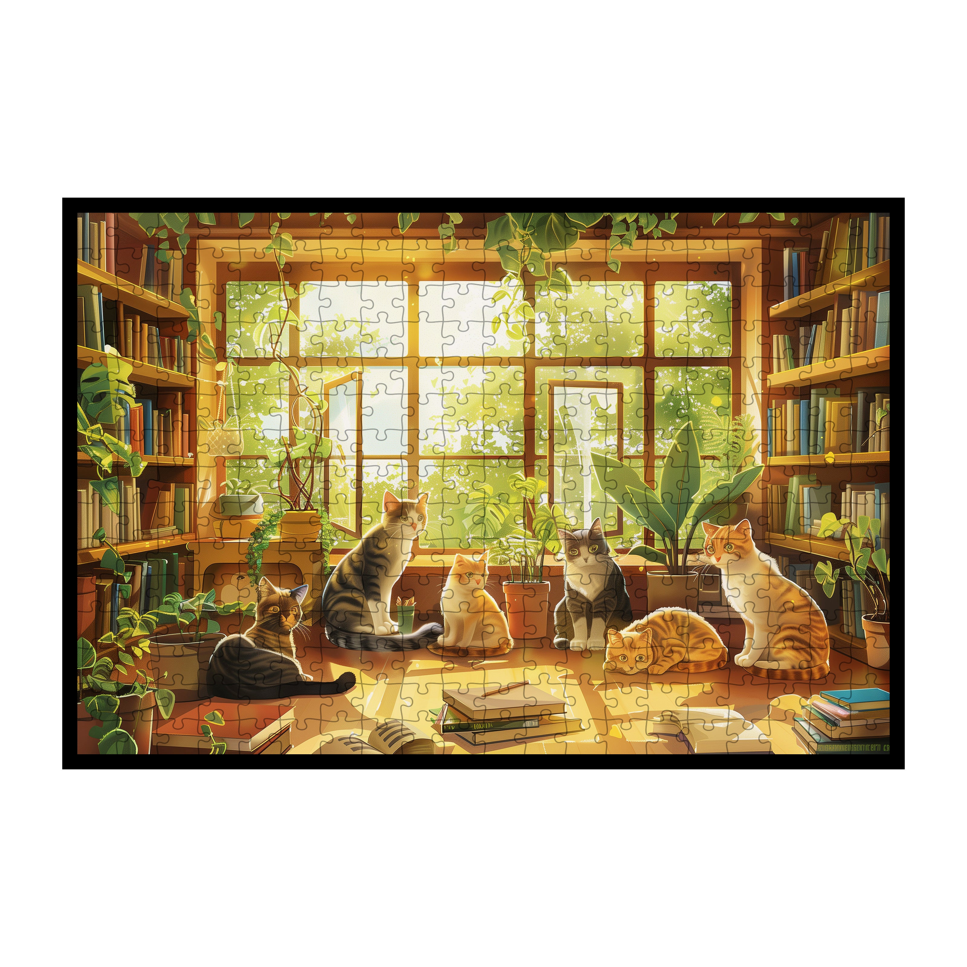Whimsical Cat Library Wooden Jigsaw Puzzle Framed, Plant-Filled Nook Wall Art