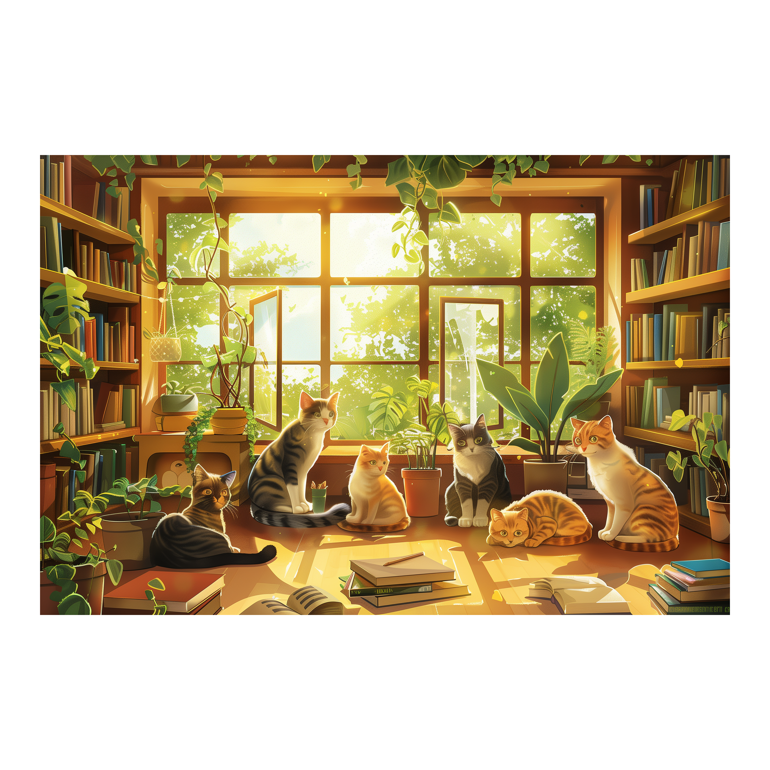 Whimsical Cat Library Wooden Jigsaw Puzzle Framed, Plant-Filled Nook Wall Art