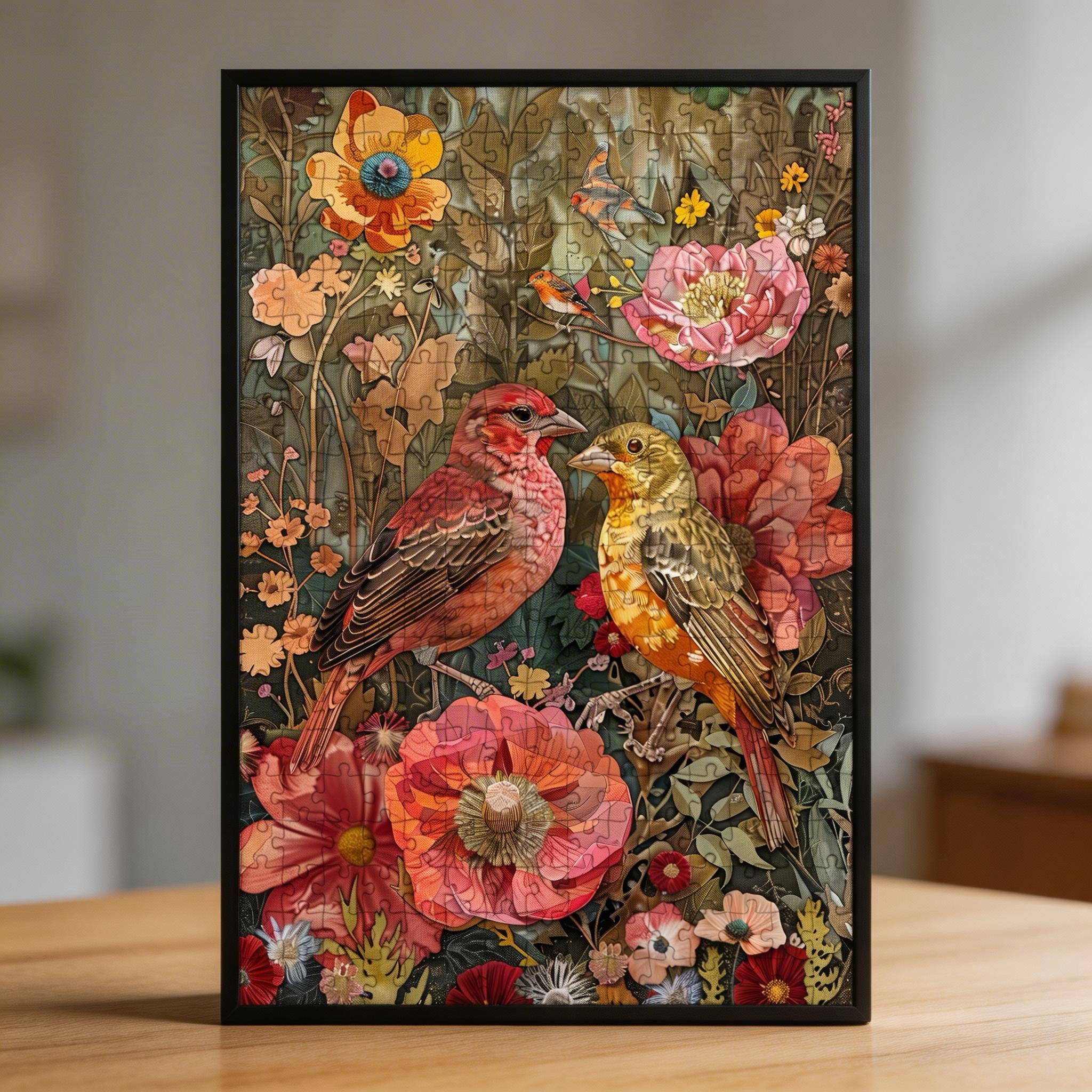 Whimsical Floral Birds Wooden Jigsaw Puzzle - Colorful Nature Wood Puzzle for Adults