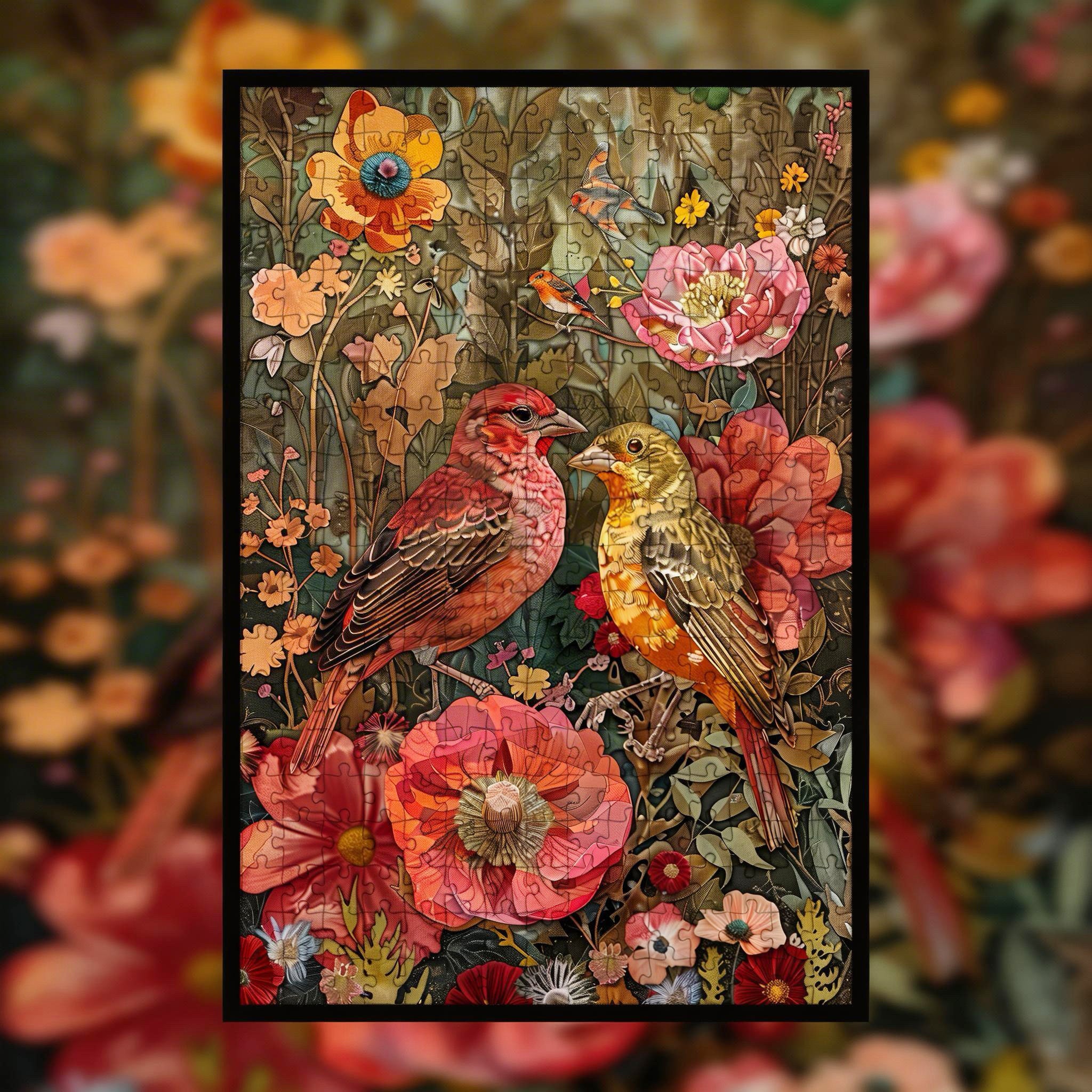 Whimsical Floral Birds Wooden Jigsaw Puzzle Framed, Colorful Nature Wall Decor