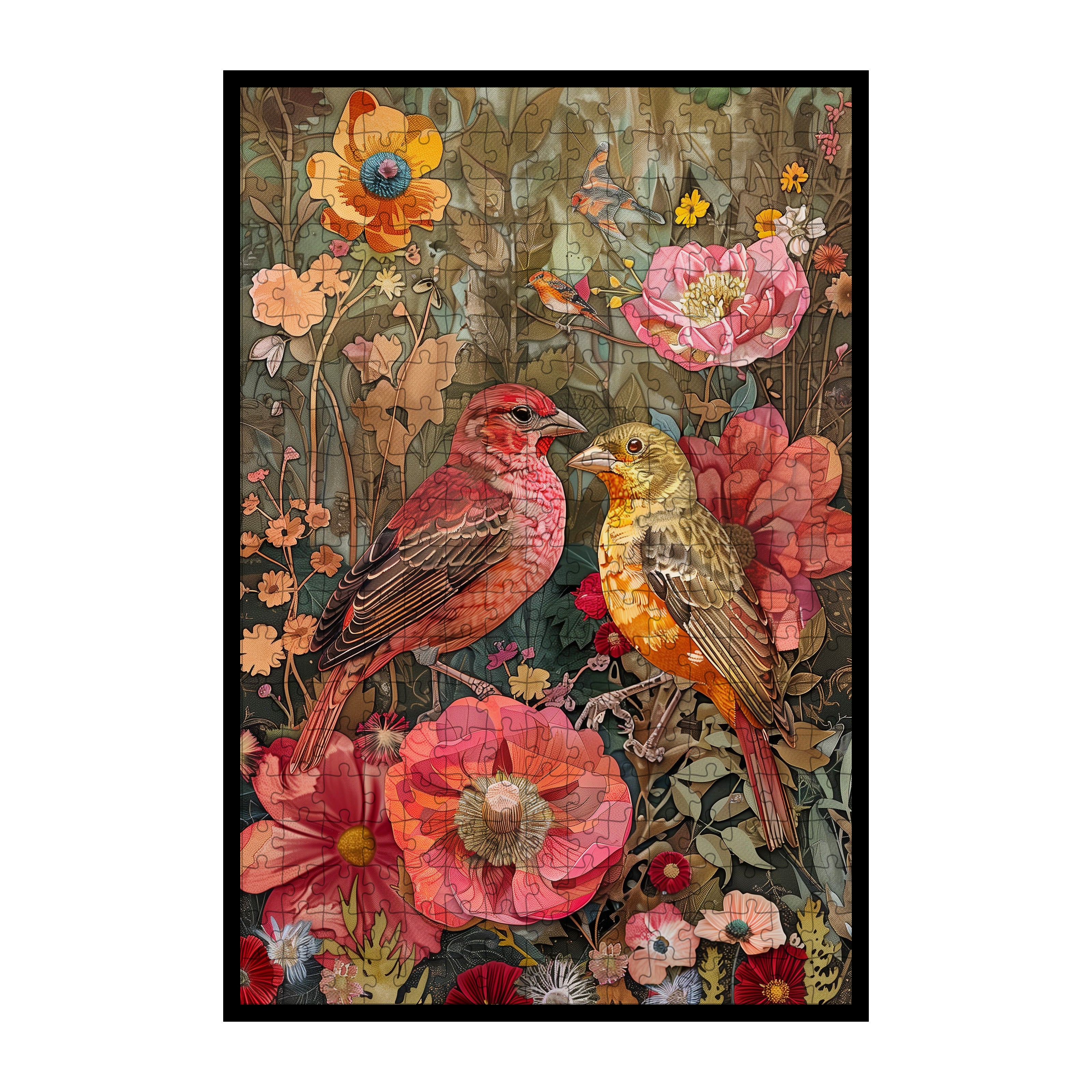 Whimsical Floral Birds Wooden Jigsaw Puzzle Framed, Colorful Nature Wall Decor