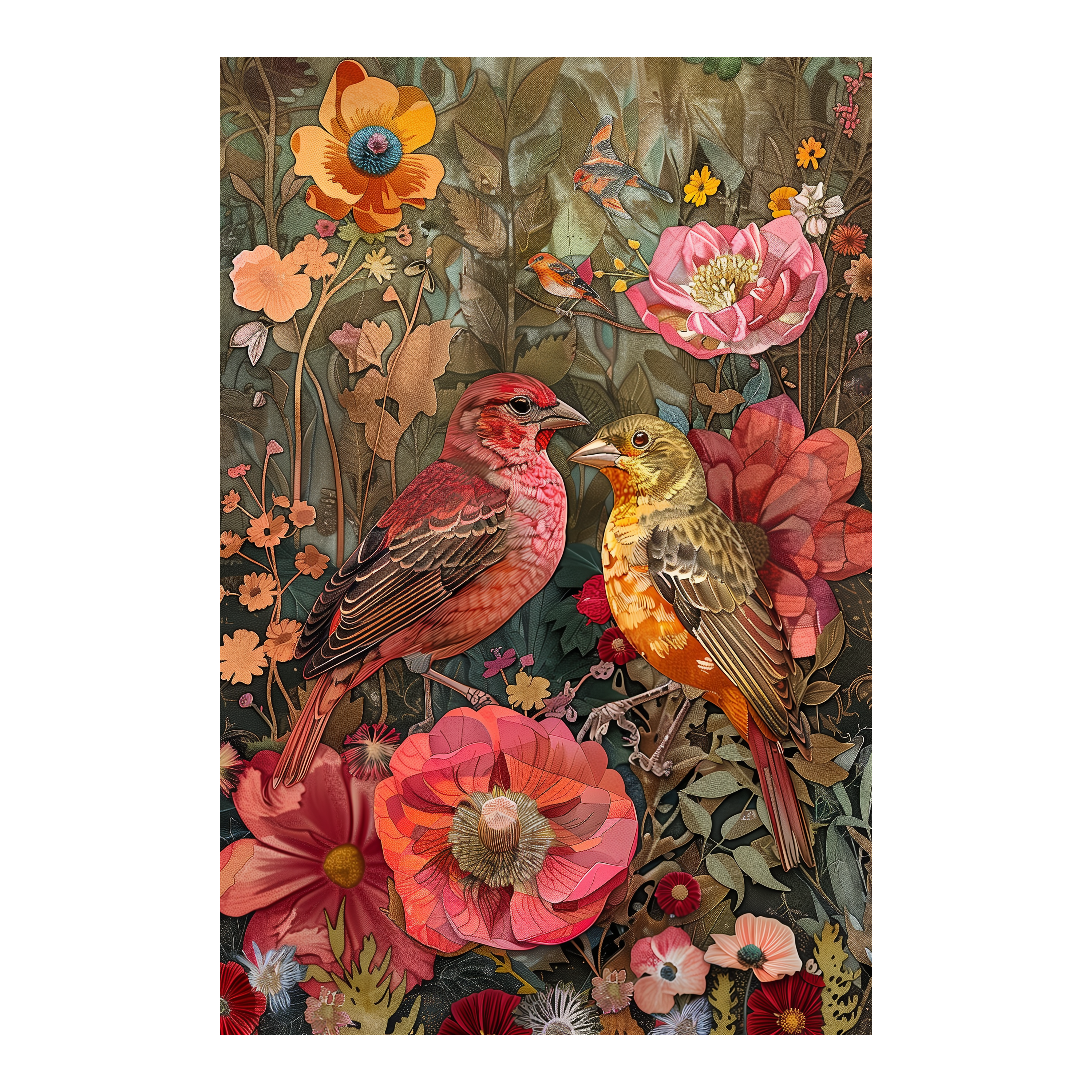 Whimsical Floral Birds Wooden Jigsaw Puzzle Framed, Colorful Nature Wall Decor