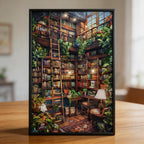 Whimsical Library Staircase Wooden Jigsaw Puzzle - Aesthetic Bookstore Wood Puzzle