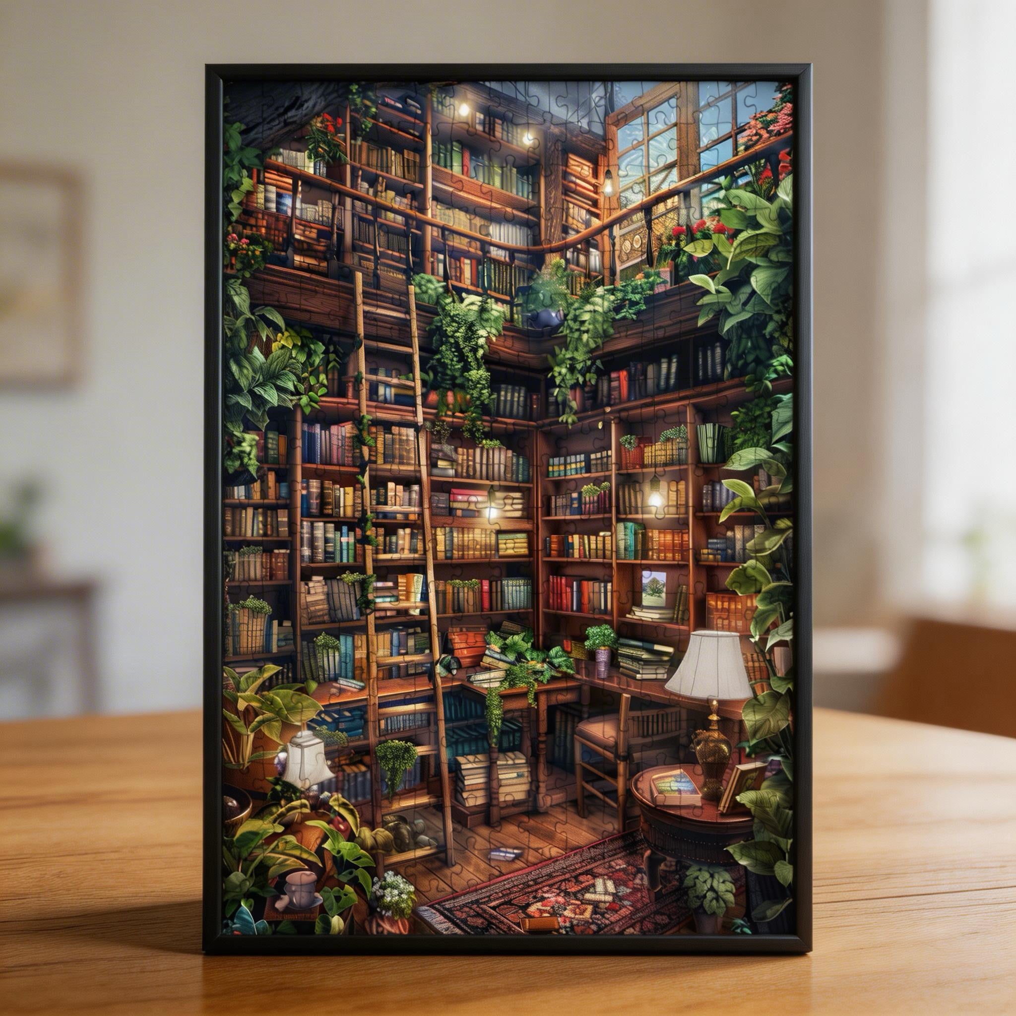 Whimsical Library Staircase Wooden Jigsaw Puzzle - Aesthetic Bookstore Wood Puzzle