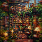 Whimsical Library Staircase Wooden Jigsaw Puzzle Framed, Aesthetic Bookstore Home Decor