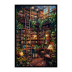 Whimsical Library Staircase Wooden Jigsaw Puzzle Framed, Aesthetic Bookstore Home Decor