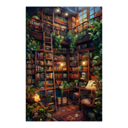 Whimsical Library Staircase Wooden Jigsaw Puzzle Framed, Aesthetic Bookstore Home Decor