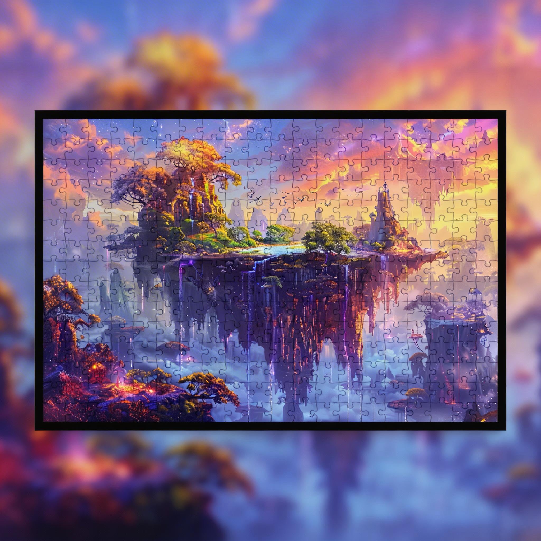 Whimsical Sky Paradise Wooden Jigsaw Puzzle Framed, Magical Waterfall Wall Art