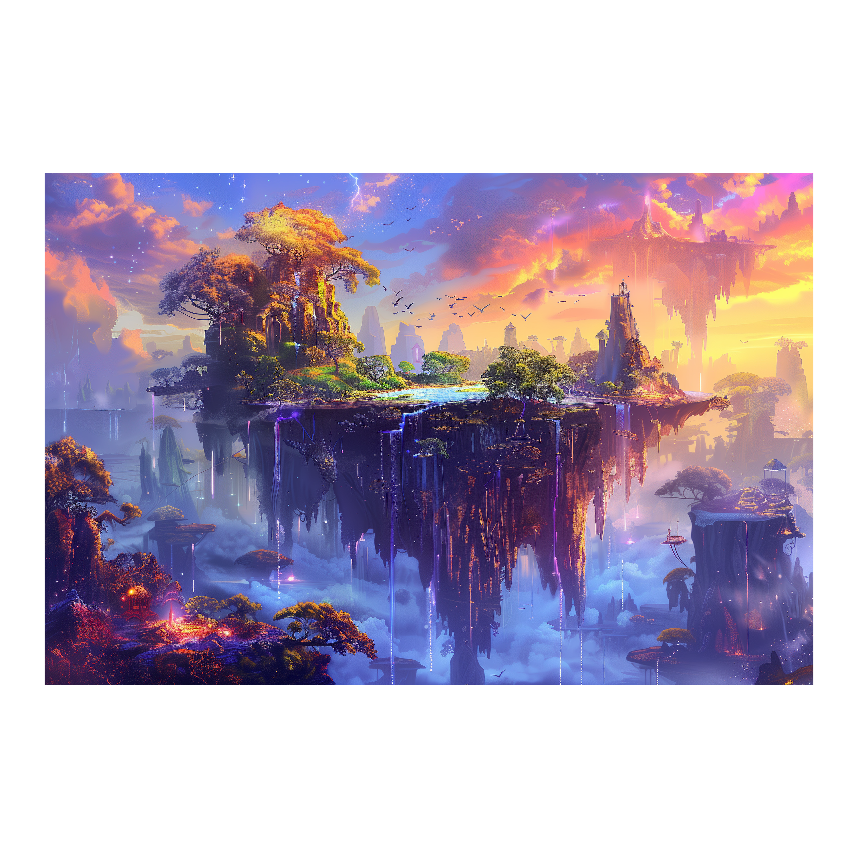 Whimsical Sky Paradise Wooden Jigsaw Puzzle Framed, Magical Waterfall Wall Art