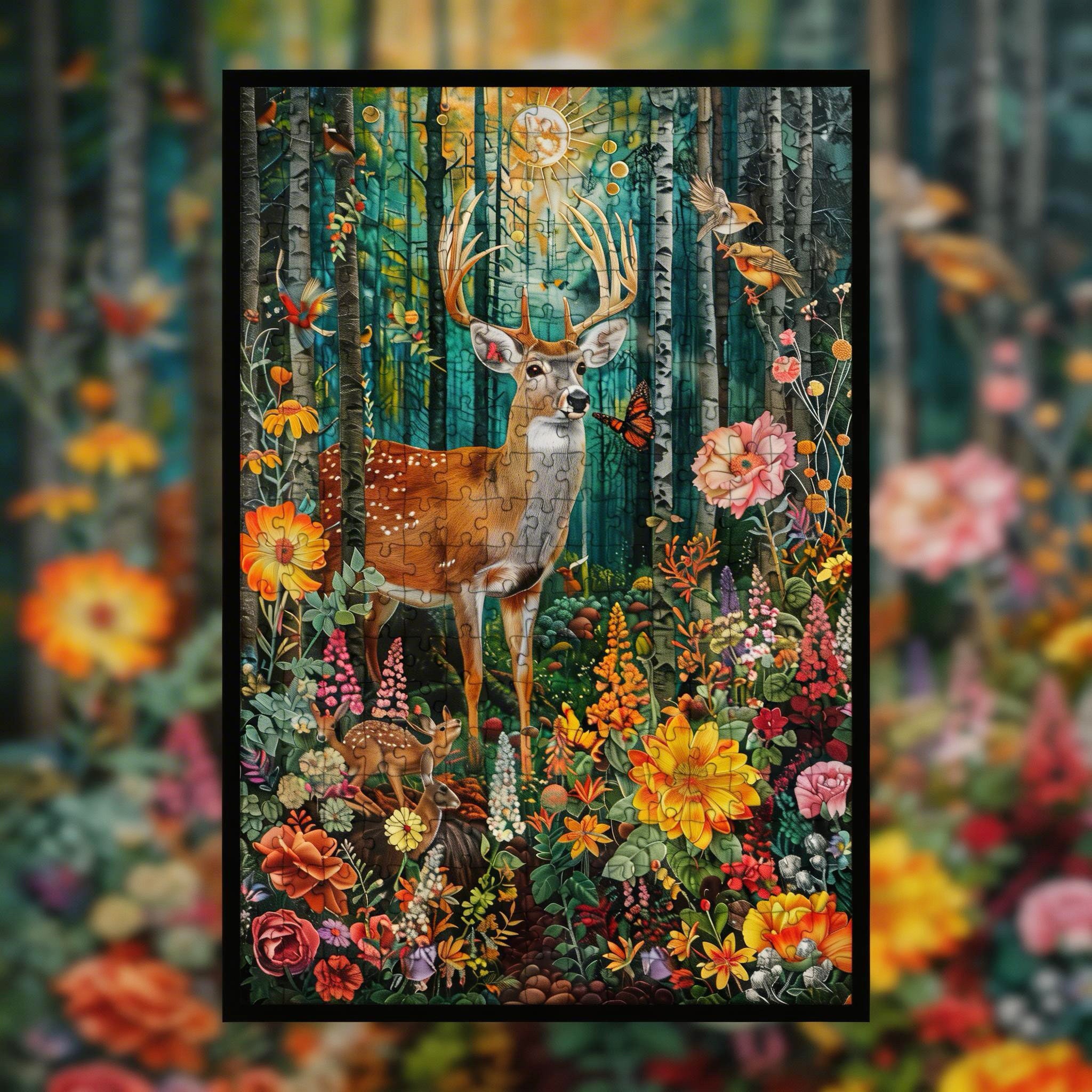 Whimsical Woodland Creatures Wooden Jigsaw Puzzle Framed, Aesthetic Forest Home Decor
