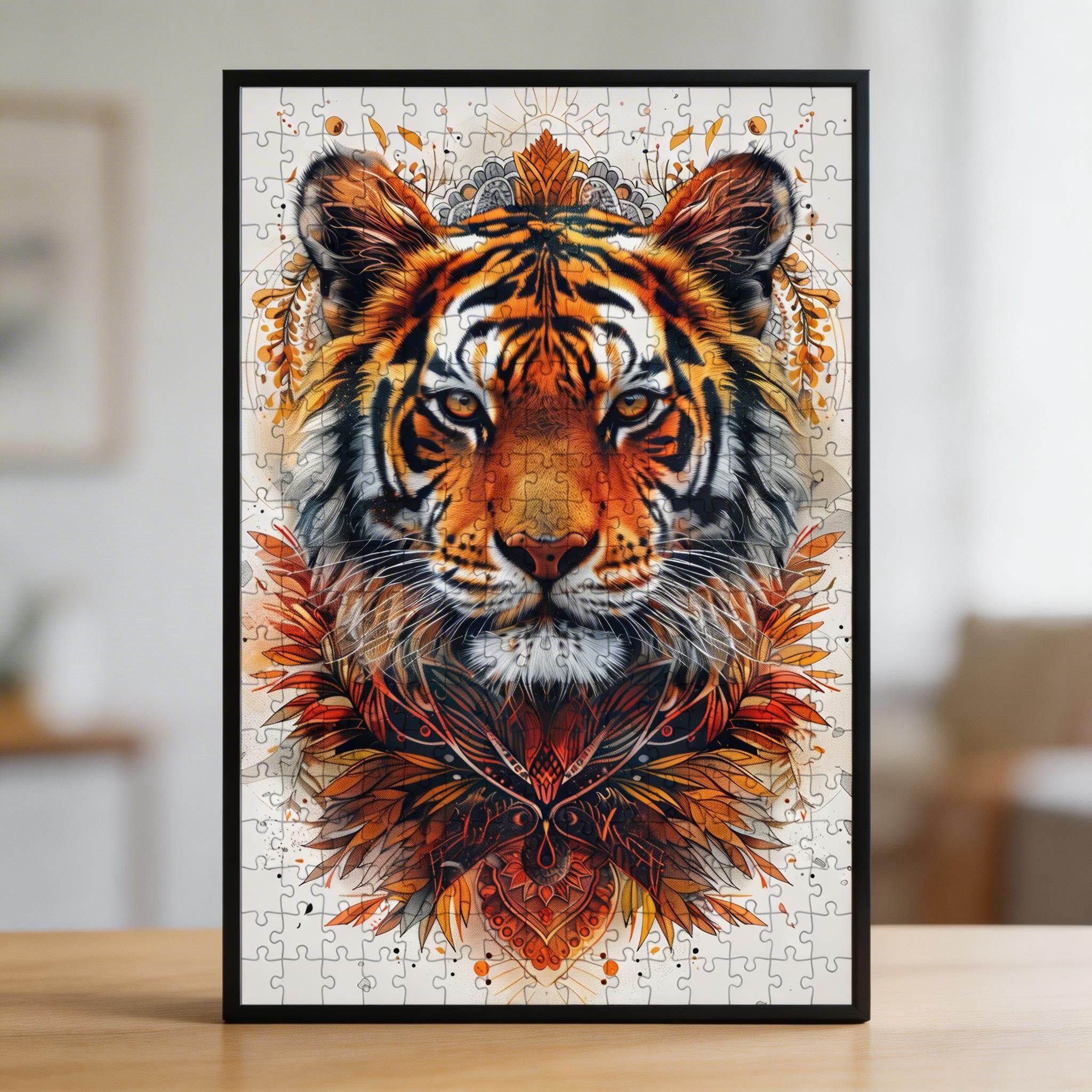 Wild Tiger Mandala Wooden Jigsaw Puzzle - Fierce Animal Shaped Wood Puzzle for Adults - Bold Geometric Brain Teaser