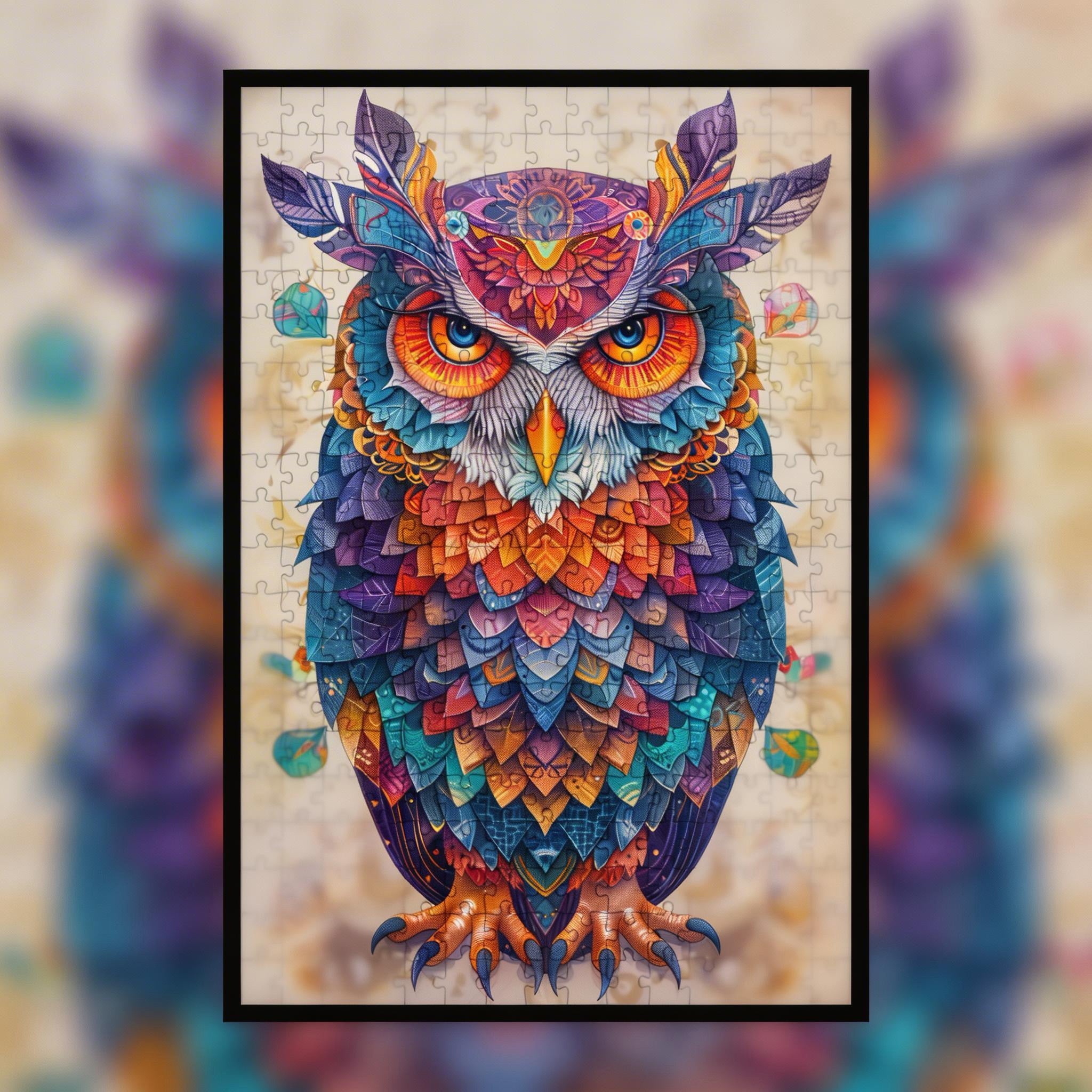Wise Midnight Owl Mandala Wooden Jigsaw Puzzle - Intricate Galaxy Animal Shaped Wood Puzzle for Adults