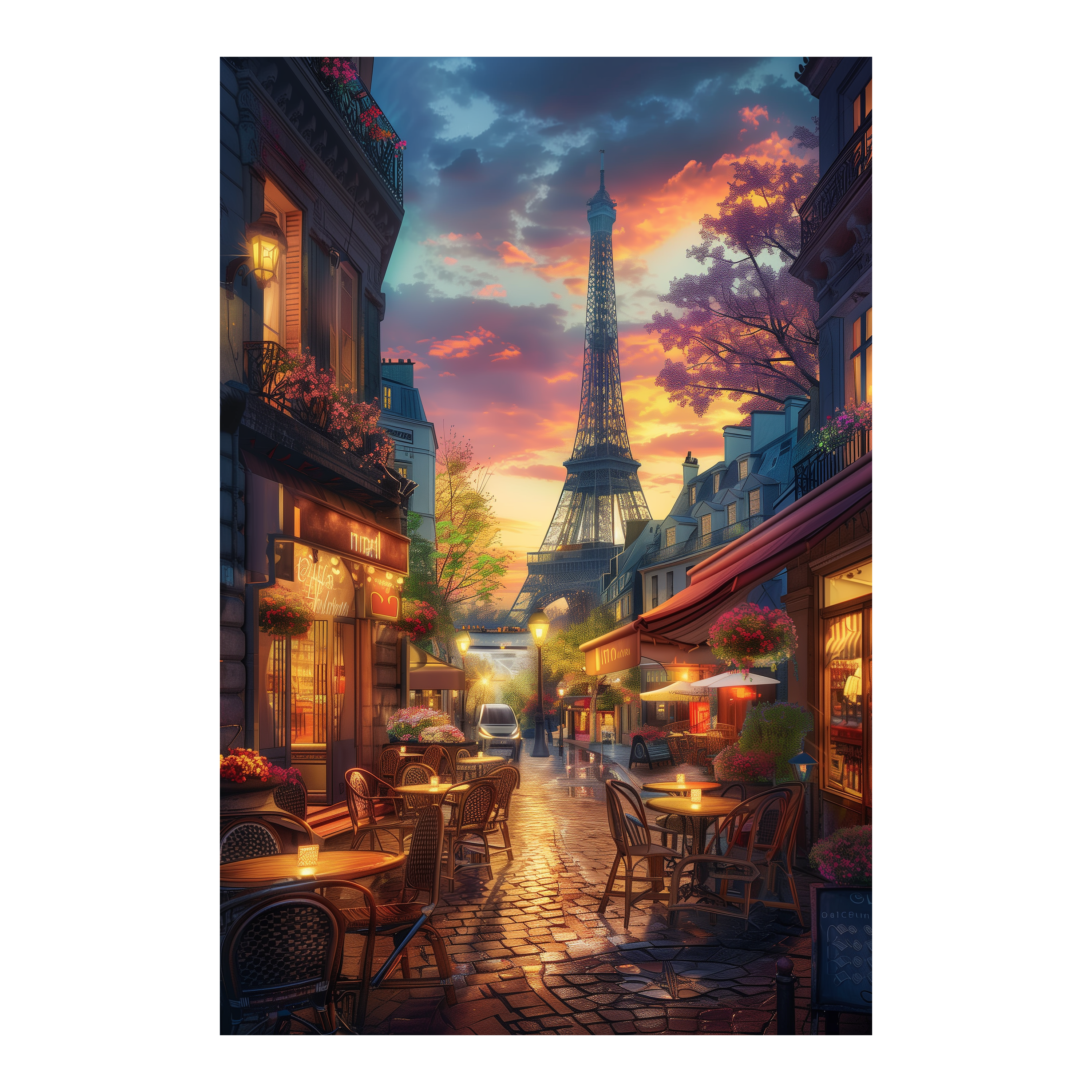 Paris Eiffel Tower Sunset Wooden Jigsaw Puzzle Framed, French Street Cafe Wall Decor